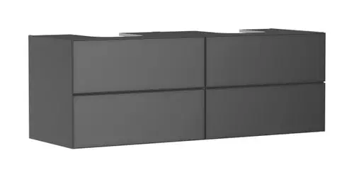 Waschtischunterschrank von Hansgrohe mit vier Schubkästen in schiefergrau matt, geeignet für zwei Aufsatzwaschtische, modernes Design ohne sichtbare Armaturen.